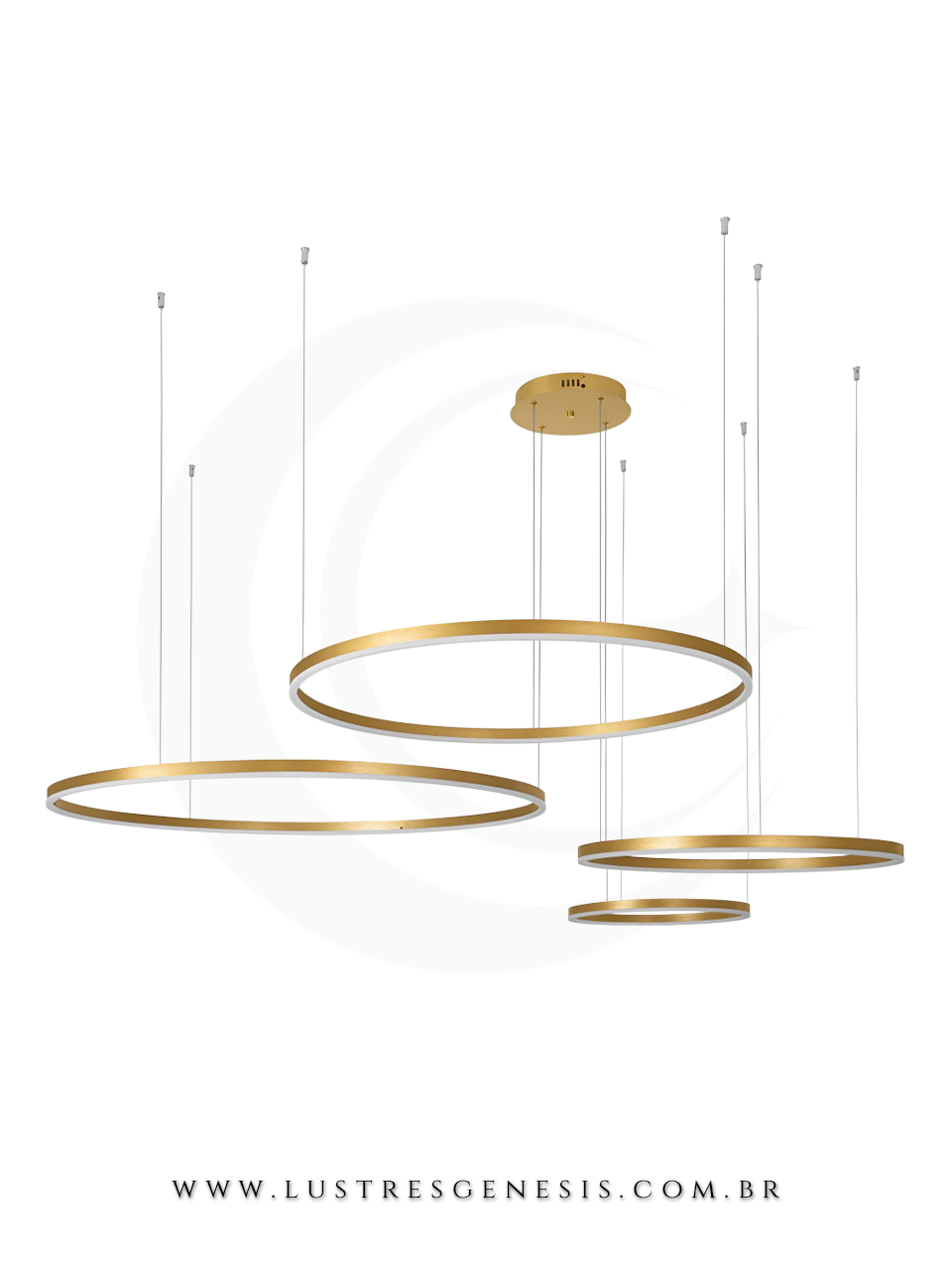 Lustre pendente com quatro anéis pretos de tamanhos variados, ideal para sala de jantar ou estar com pé direito duplo. Lustres Gênesis Site online venda de Lustres e Iluminação